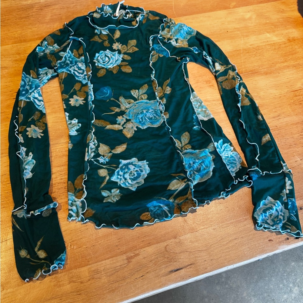 Free People Dark Green Floral Long Sleeve Mesh Top